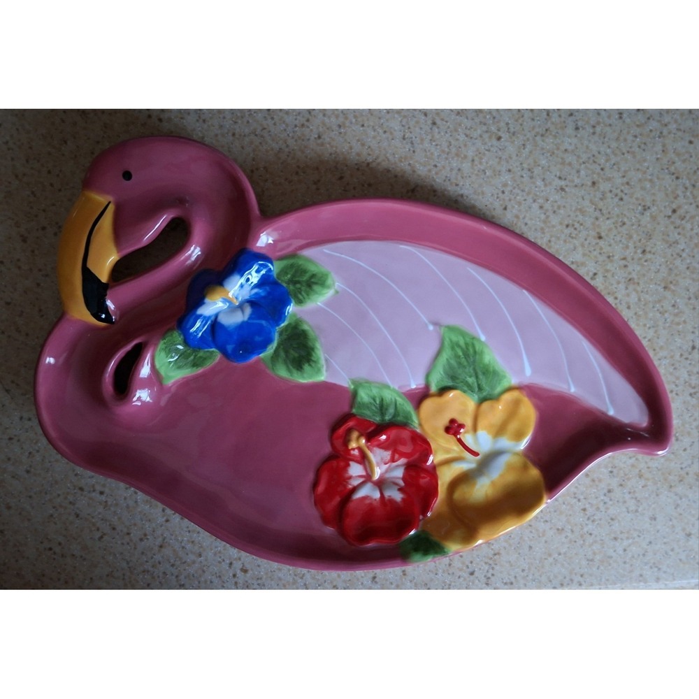 Pier 1 Imports Pink Flamingo/Tropical Design Plate/Tray-Hand Painted-🦩
